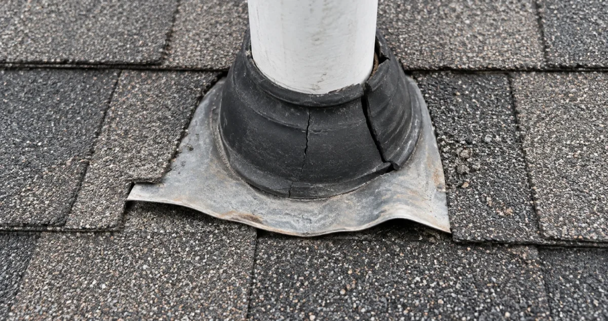 Cracked rubber pipe boot and lifted flashing on an aging asphalt shingle roof, a common Wichita roof repair