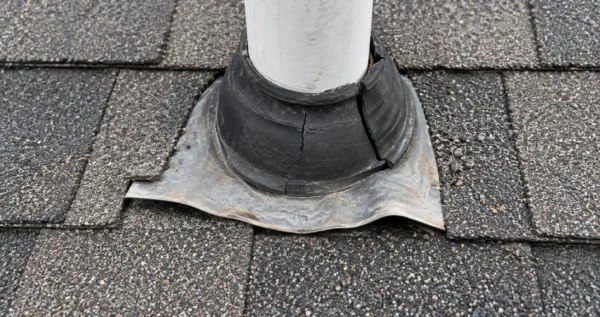 Cracked rubber pipe boot and lifted flashing on an aging asphalt shingle roof, a common Wichita roof repair